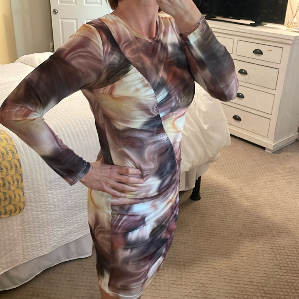Ruched across bodice sheer with white lining watercolor dress